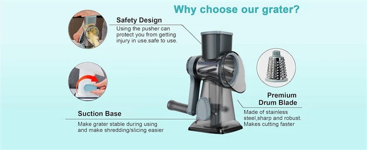 LMETJMA 3 in 1 Rotary Cheese Grater, Vegetable Slicer